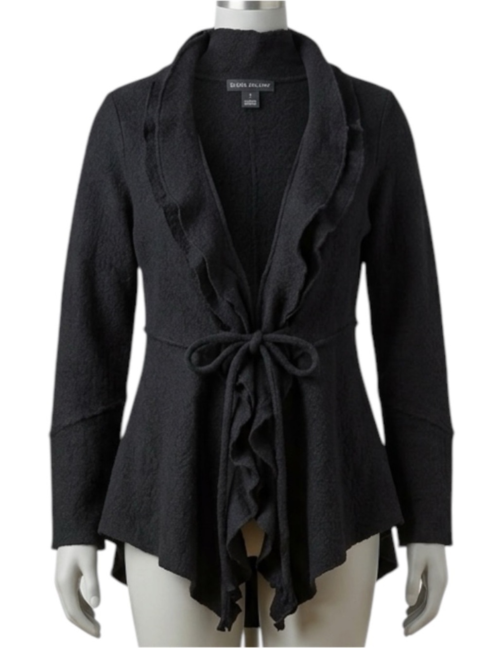 Elena Solano Black Women's 100% wool cardigan Sweater Ruffle Tie front medium